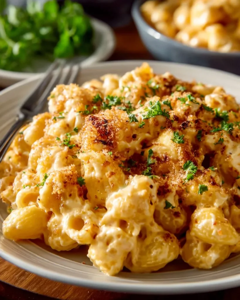 Delicious bowl of Spicy Buffalo Mac and Cheese topped with crispy buffalo chicken