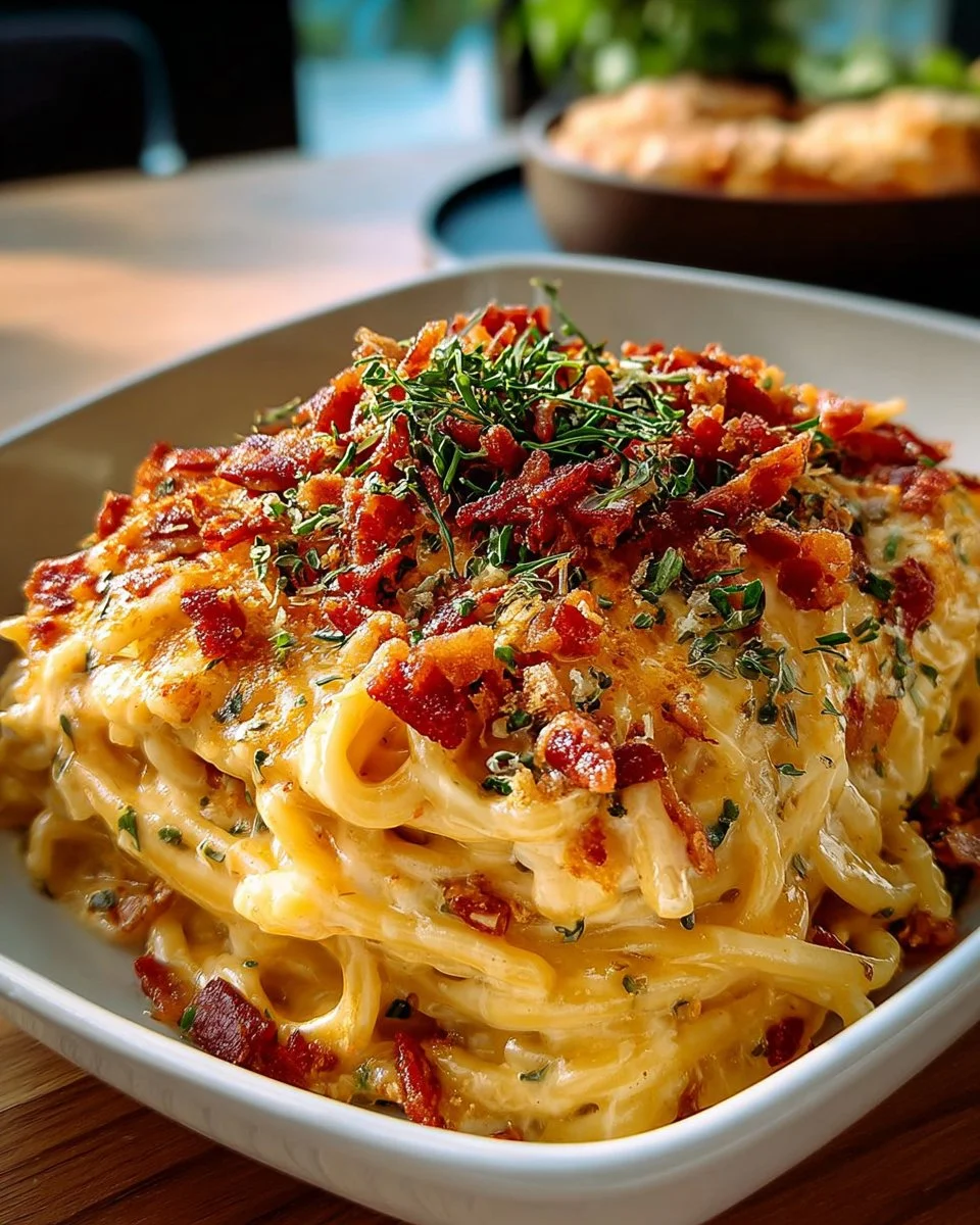 Delicious spicy southern cheesy chicken spaghetti casserole topped with cheese