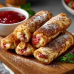 Strawberries and Cream French Toast Roll-Ups served on a plate