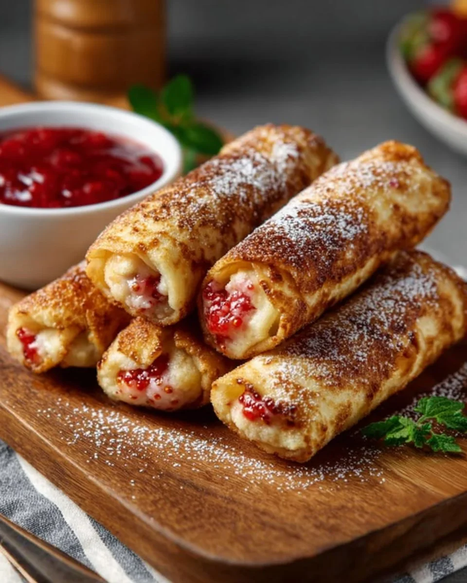 Strawberries and Cream French Toast Roll-Ups served on a plate