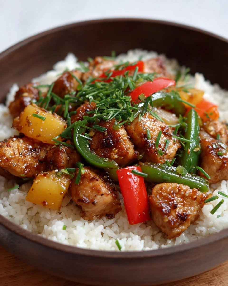Sweet and Sour Chicken Stir-Fry with colorful vegetables on a plate.
