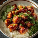 Delicious plate of sweet chili chicken with vibrant vegetables and sauce