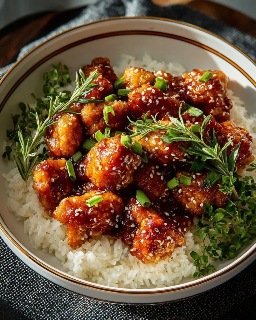 Delicious plate of sweet chili chicken with vibrant vegetables and sauce