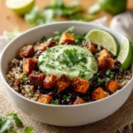 Healthy sweet potato and black bean quinoa bowls served in a bowl
