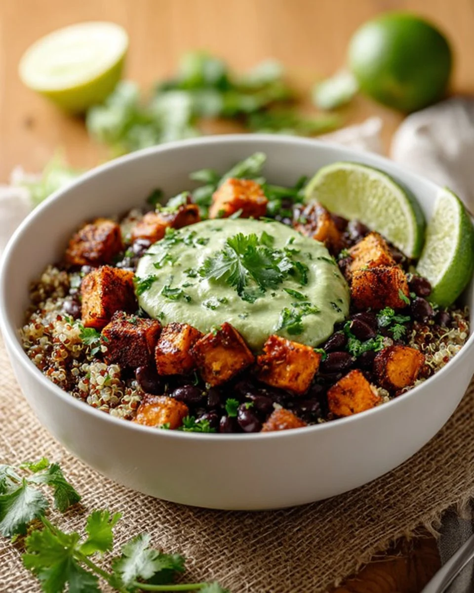 Healthy sweet potato and black bean quinoa bowls served in a bowl