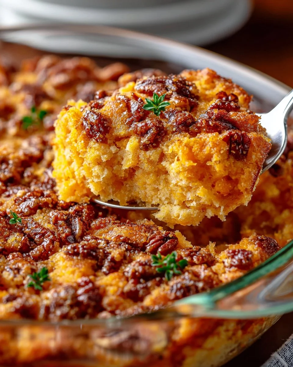 Delicious Sweet Potato Casserole topped with marshmallows and pecans