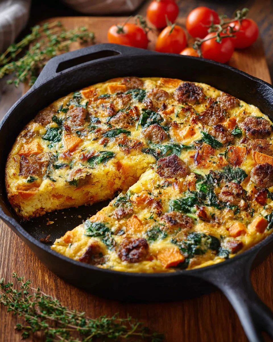 Delicious sweet potato frittata served on a plate with fresh herbs