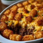 Delicious tater tot casserole topped with cheese and ground beef.