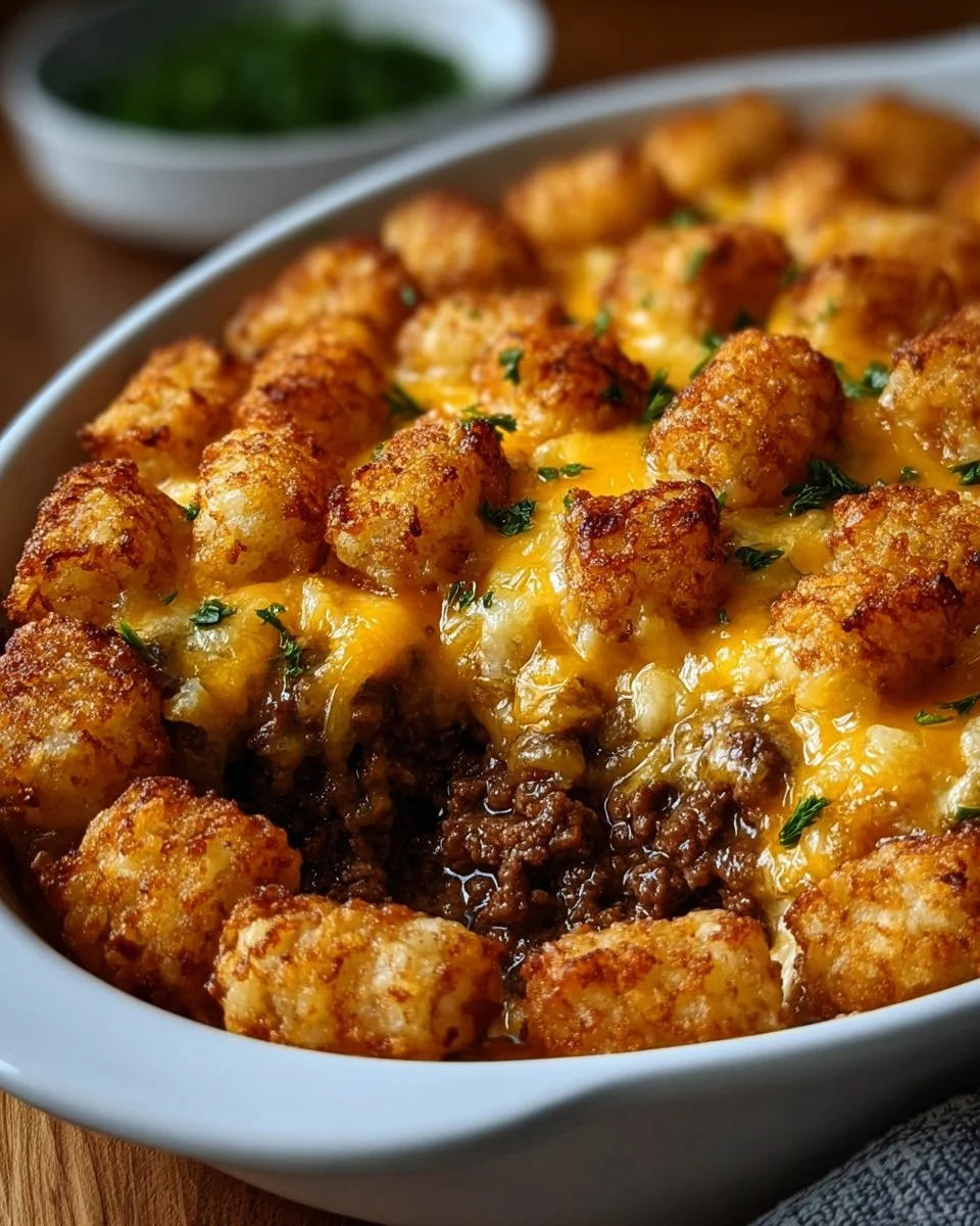 Delicious tater tot casserole topped with cheese and ground beef.