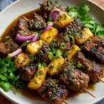 Delicious Teriyaki Beef Skewers ready for grilling.