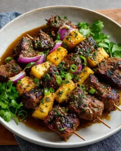 Delicious Teriyaki Beef Skewers ready for grilling.
