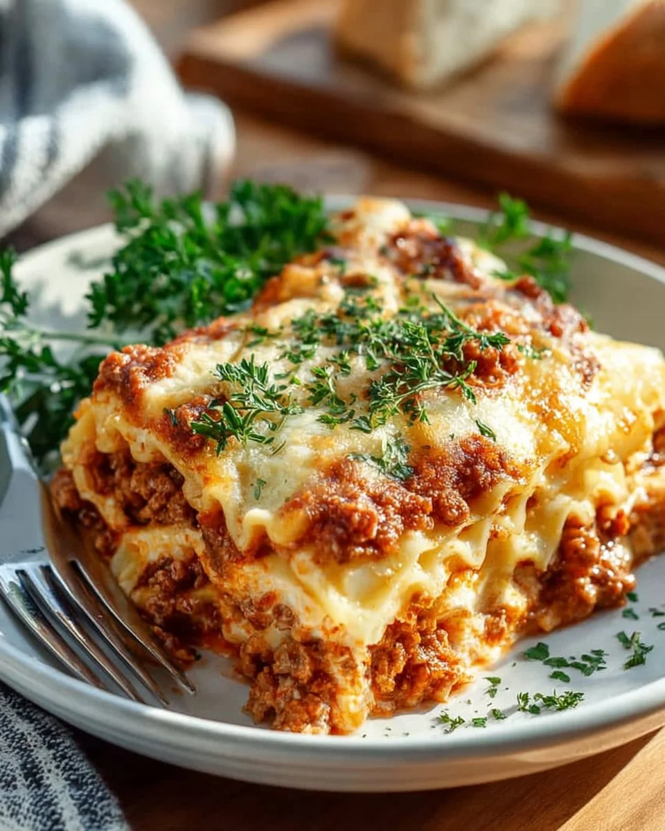 Delicious Crock Pot Lasagna served with a rich tomato sauce and melted cheese.