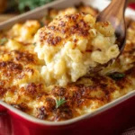 Bowl of creamy Three Cheese Mac and Cheese with gooey cheese topping.