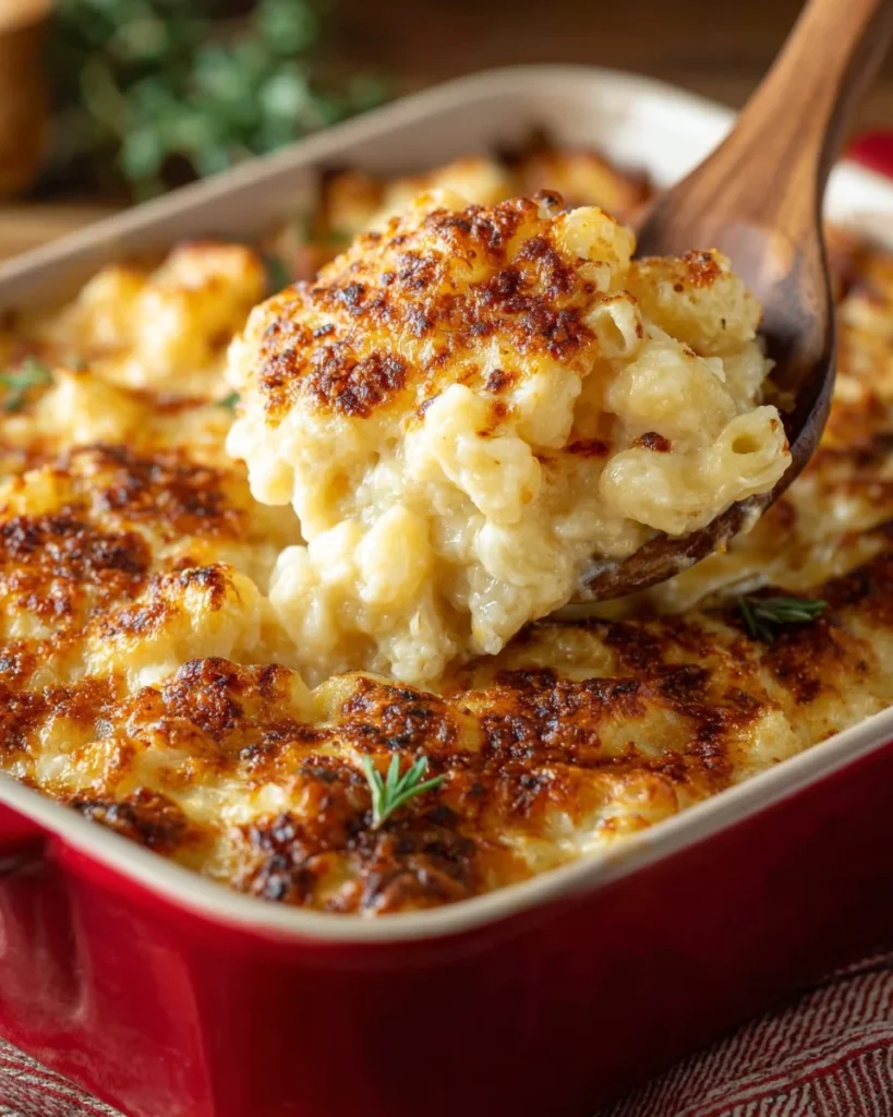 Bowl of creamy Three Cheese Mac and Cheese with gooey cheese topping.
