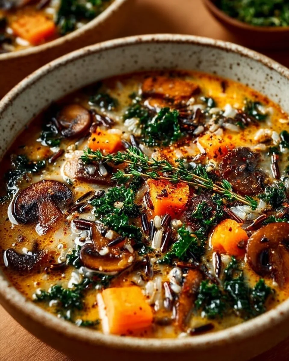 Bowl of autumn wild rice soup filled with vegetables and herbs.