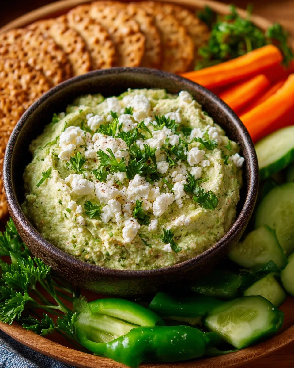 Creamy avocado feta dip served in a bowl with fresh veggies for dipping