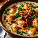 Bacon Cheddar Gnocchi Soup in a bowl garnished with herbs