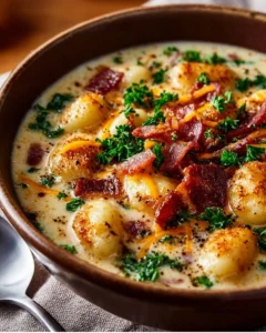 Bacon Cheddar Gnocchi Soup in a bowl garnished with herbs