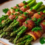 Bacon-wrapped asparagus bundles on a serving platter