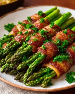 Bacon-wrapped asparagus bundles on a serving platter