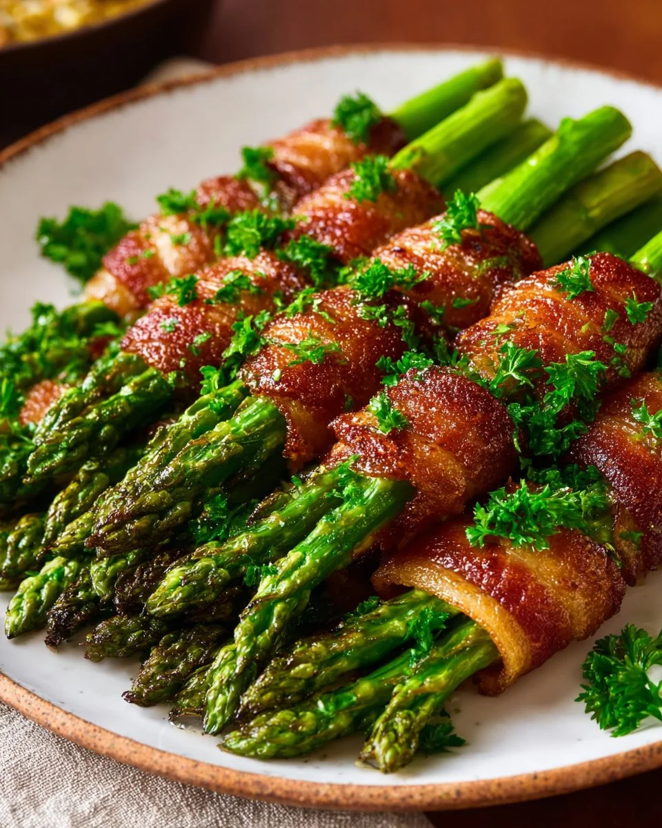 Bacon-wrapped asparagus bundles on a serving platter