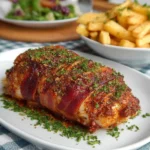 Oven-baked bacon-wrapped chicken on a plate, garnished with herbs