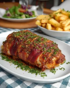 Oven-baked bacon-wrapped chicken on a plate, garnished with herbs