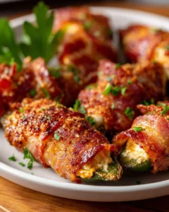 Bacon wrapped jalapeno poppers on a platter for a delicious appetizer