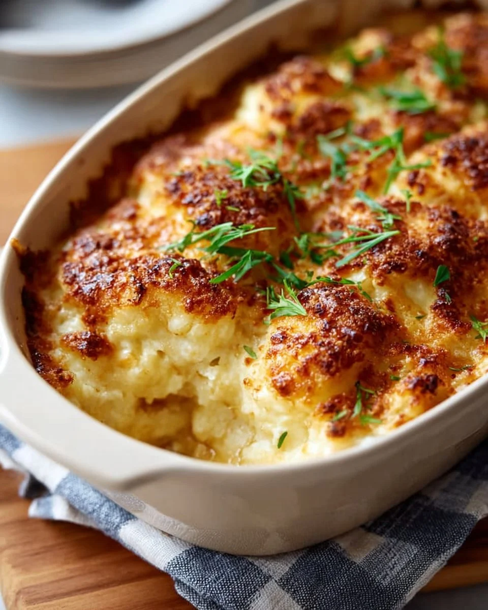 Baked Cauliflower Au Gratin dish topped with cheese and breadcrumbs
