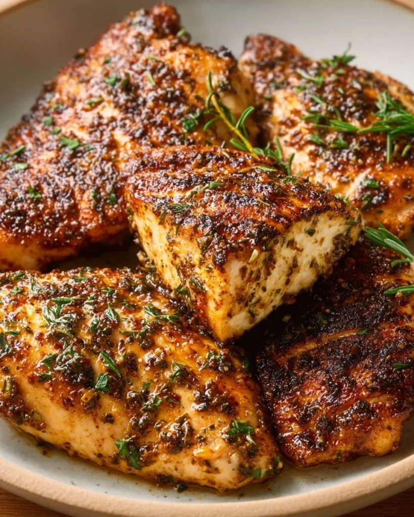 Juicy baked chicken breast garnished with herbs on a plate.