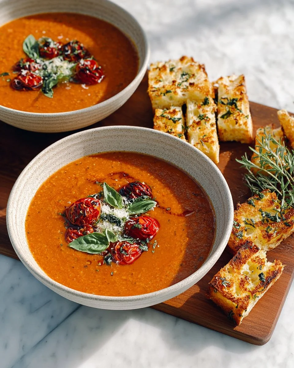 Baked feta soup with herbs and vegetables in a bowl.