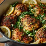 Delicious Baked Lemon Chicken Thighs garnished with herbs and lemon slices