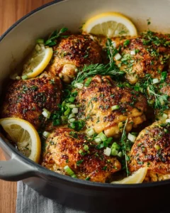 Delicious Baked Lemon Chicken Thighs garnished with herbs and lemon slices