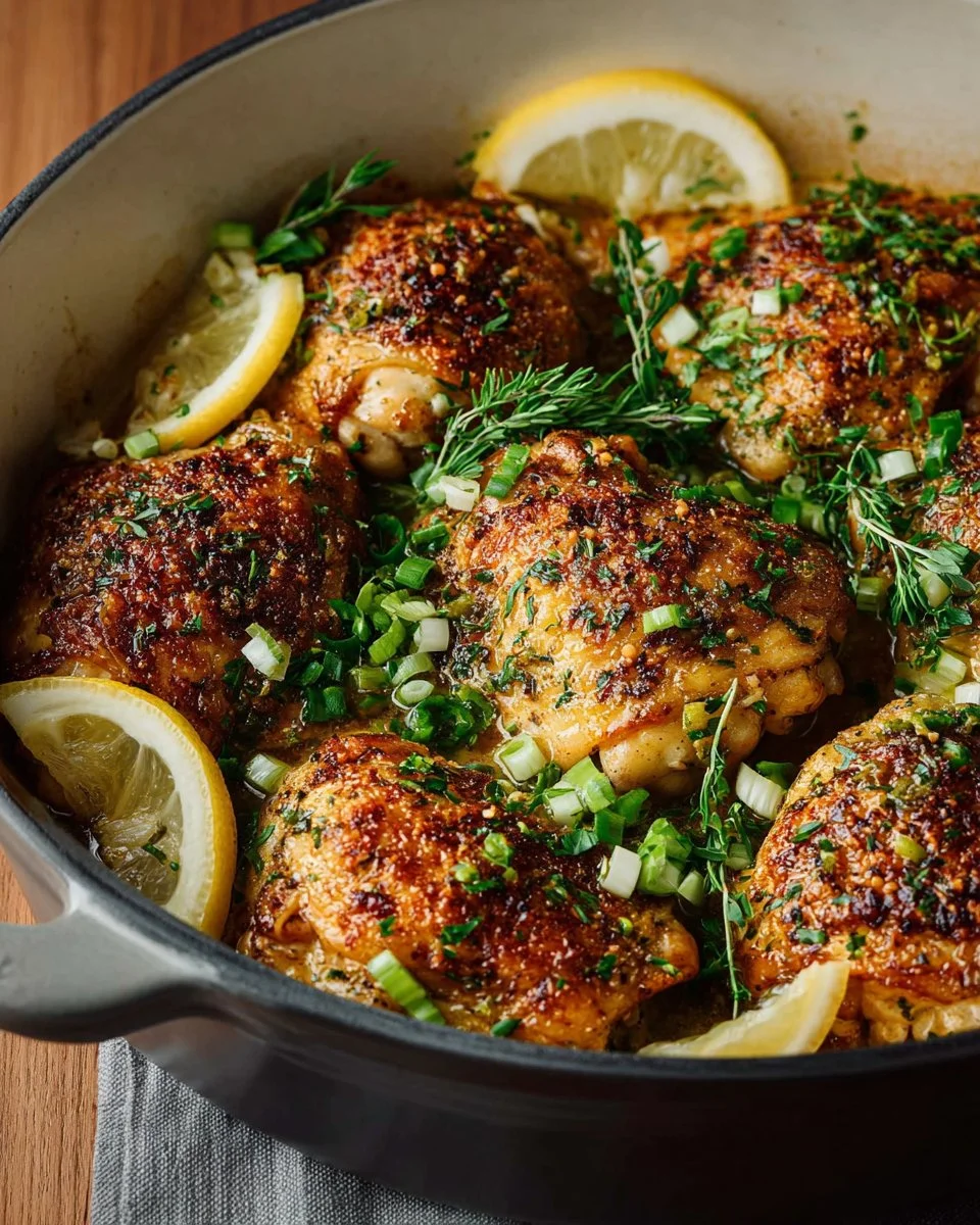 Delicious Baked Lemon Chicken Thighs garnished with herbs and lemon slices
