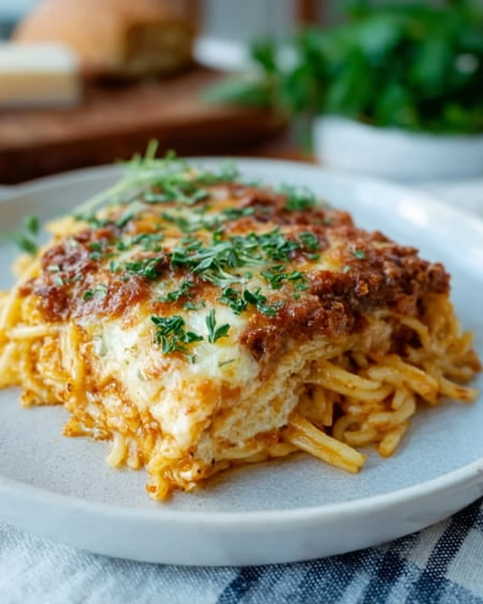 Delicious baked spaghetti casserole topped with melted cheese and herbs