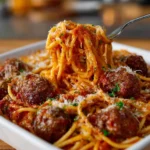 Delicious baked spaghetti with meatballs baked in a cheesy sauce