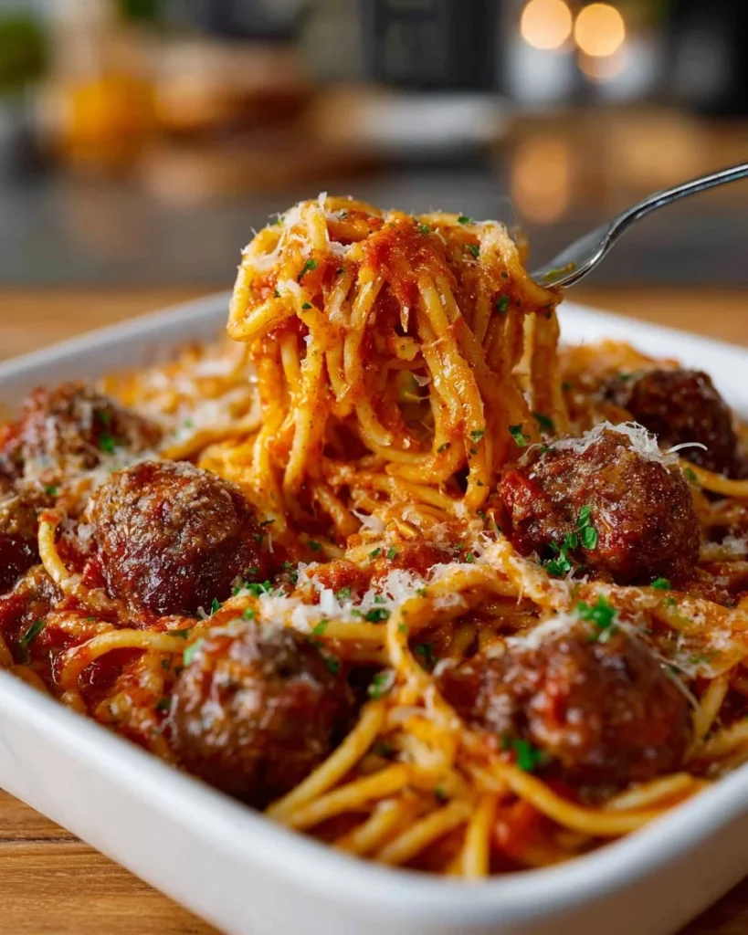 Delicious baked spaghetti with meatballs baked in a cheesy sauce