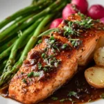 Delicious balsamic glazed salmon served on a plate with fresh herbs.