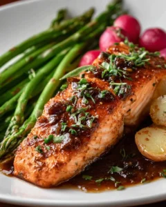 Delicious balsamic glazed salmon served on a plate with fresh herbs.