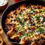 Beef and veggie enchilada skillet dish filled with melted cheese and vibrant vegetables.