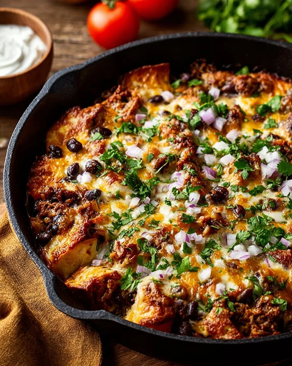 Beef and veggie enchilada skillet dish filled with melted cheese and vibrant vegetables.