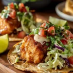 Plate of beer battered fish tacos styled Baja, garnished with fresh ingredients.