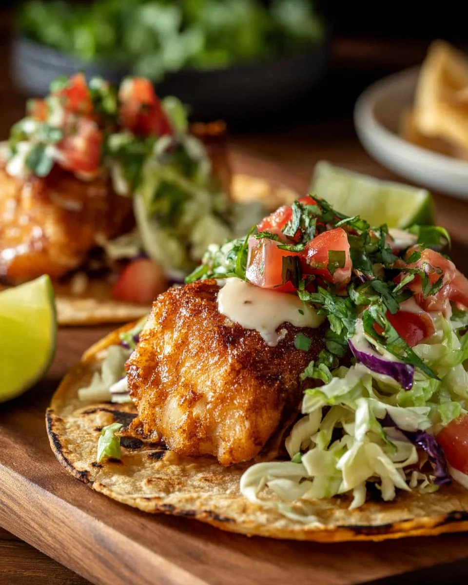 Plate of beer battered fish tacos styled Baja, garnished with fresh ingredients.