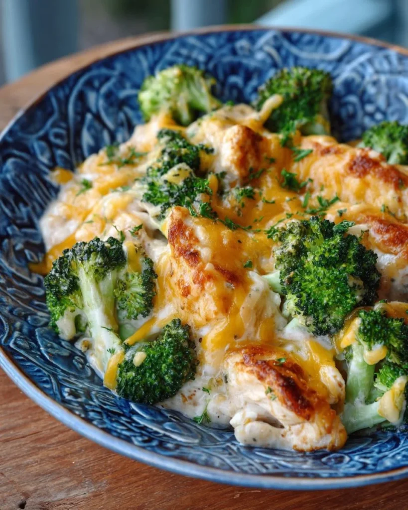 Delicious Broccoli Chicken Casserole topped with cheese and herbs