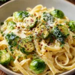 Plate of Brussels Sprouts Pasta garnished with Parmesan cheese