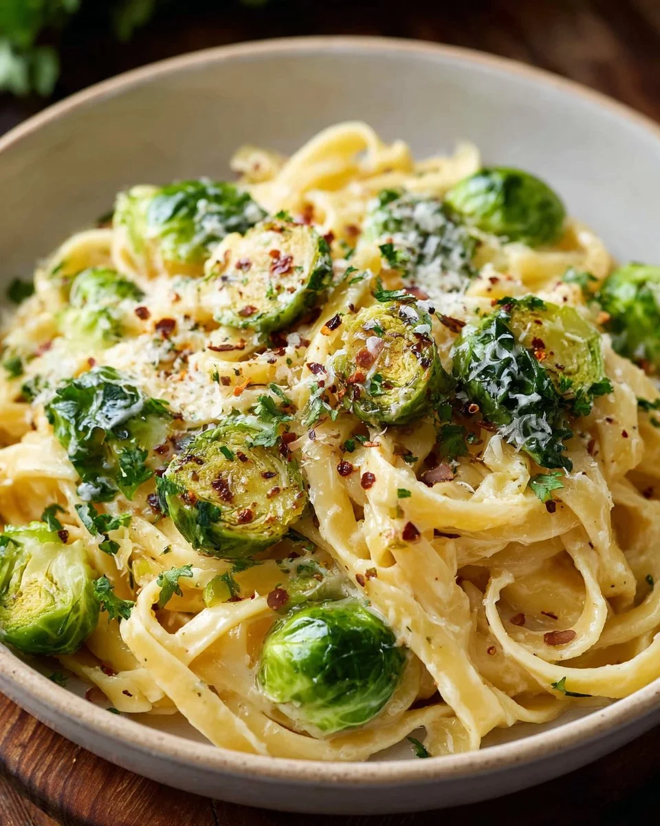 Plate of Brussels Sprouts Pasta garnished with Parmesan cheese