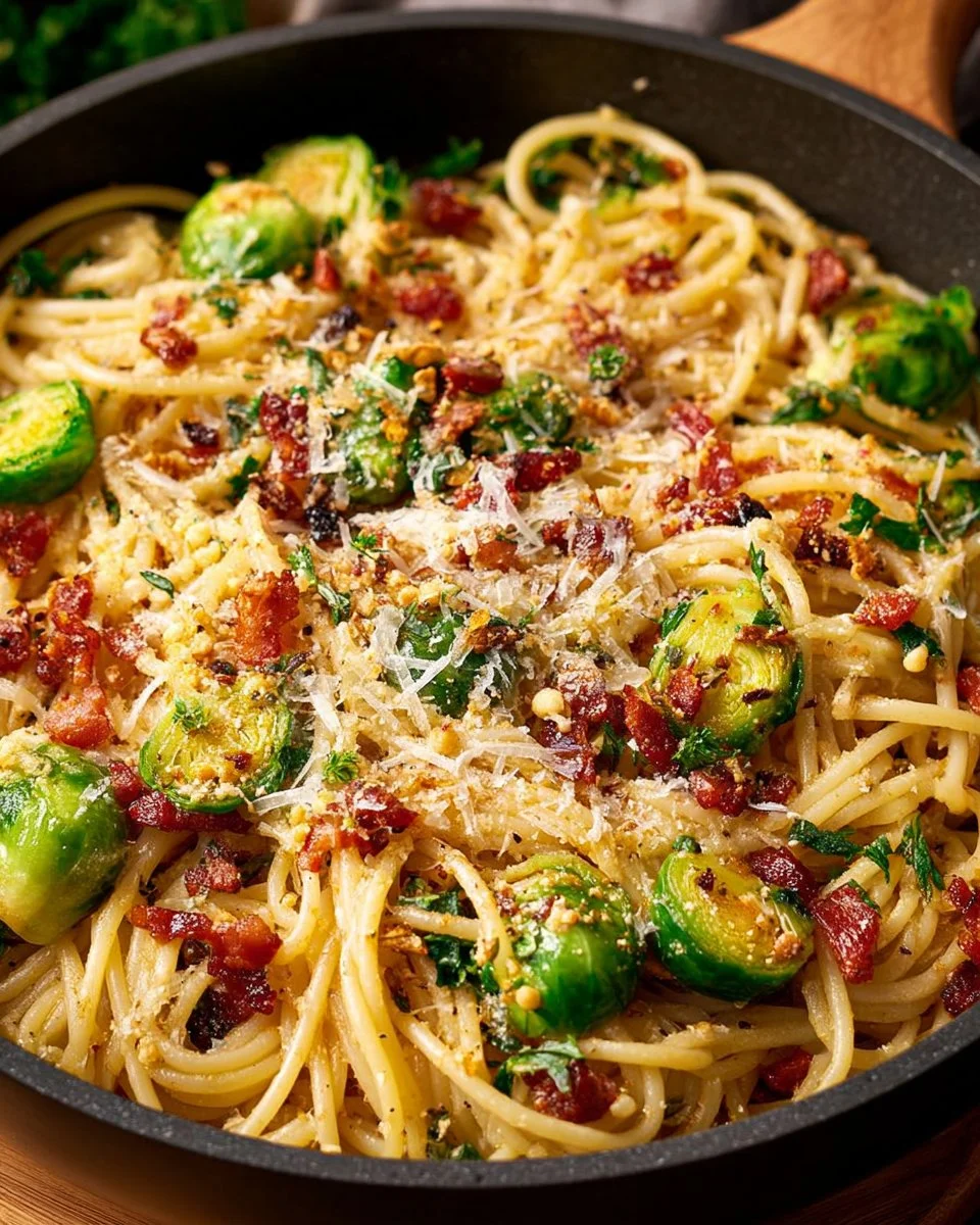Delicious Brussels Sprouts Pasta with Bacon and Sun-Dried Tomatoes served in a bowl