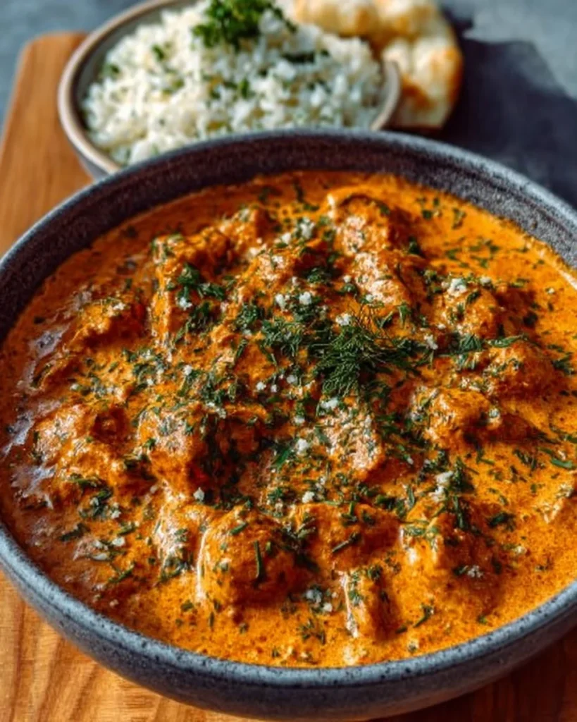 Delicious butter chicken dish served with naan and rice