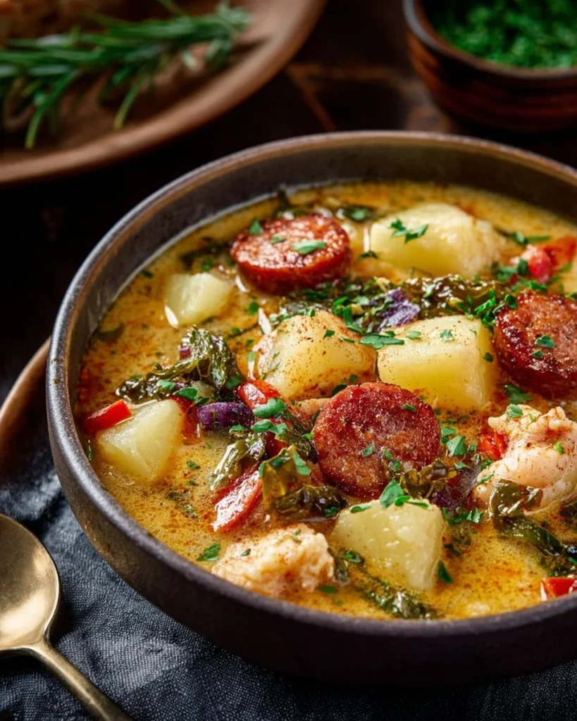 Bowl of flavorful Cajun Potato Soup garnished with herbs