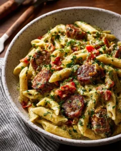 Cajun-Style Pasta with Andouille Sausage garnished with herbs